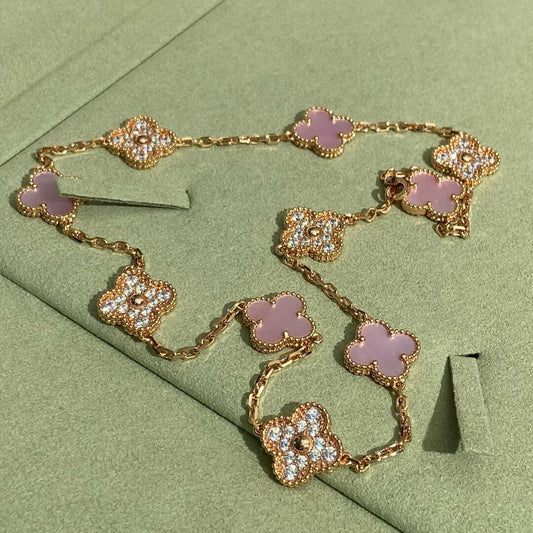 [NOBLE AURA]CLOVER 10 MOTIFS DIAMOND PINK MOP NECKLACE