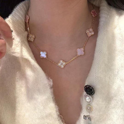 [NOBLE AURA]CLOVER 10 MOTIFS DIAMOND PINK MOP NECKLACE