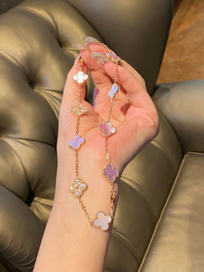 [NOBLE AURA]CLOVER 10 MOTIFS DIAMOND PINK MOP NECKLACE