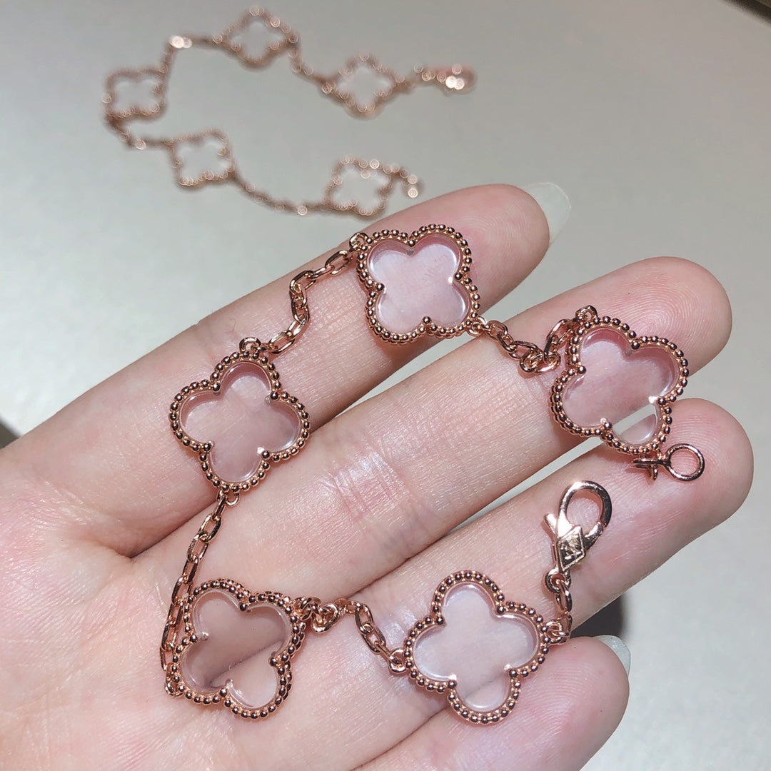[NOBLE AURA]CLOVER 5 MOTIF ROCK CRYSTAL PINK GOLD BRACELET
