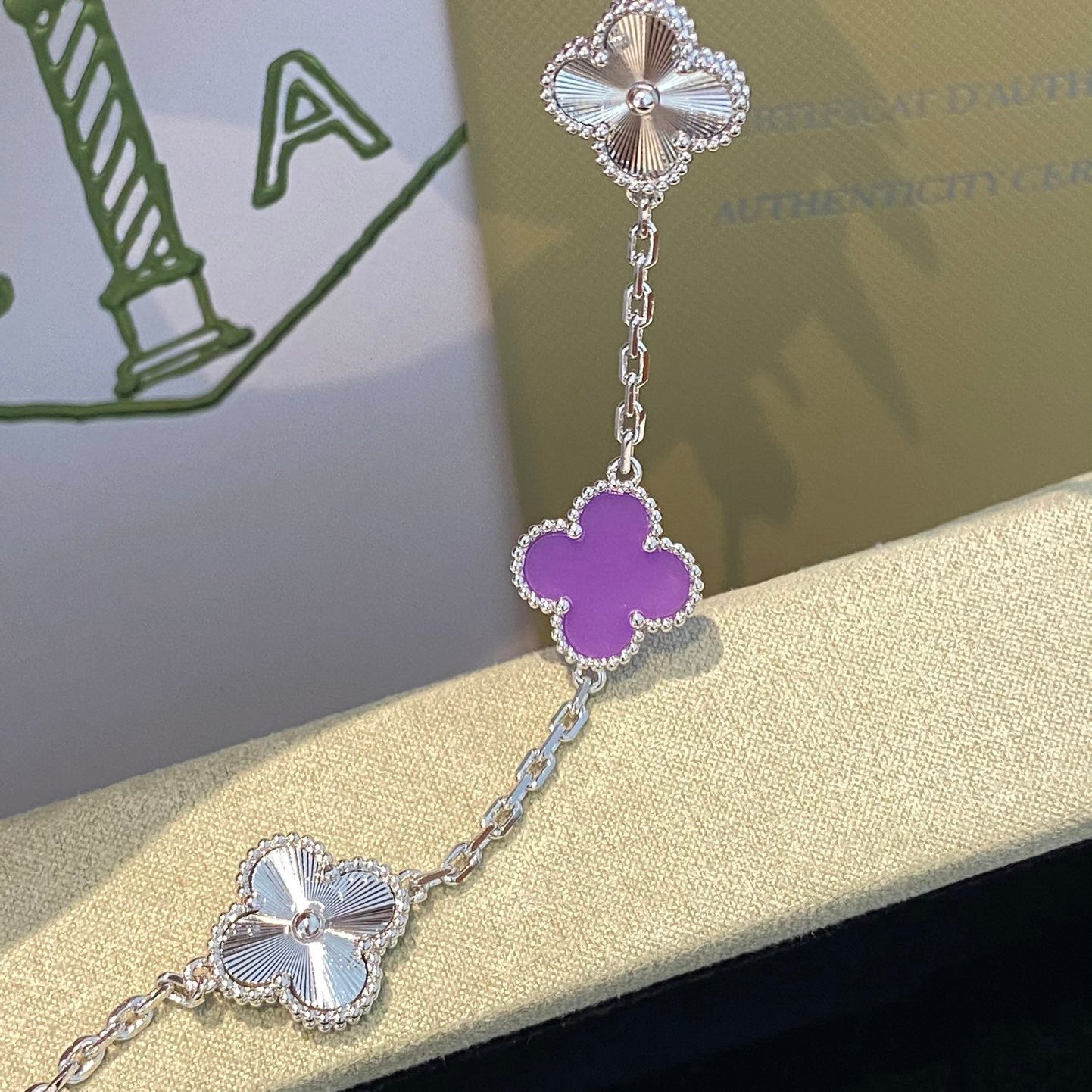 [NOBLE AURA]CLOVER  5 MOTIFS  PURPLE VIOLET BRACELET SILVER