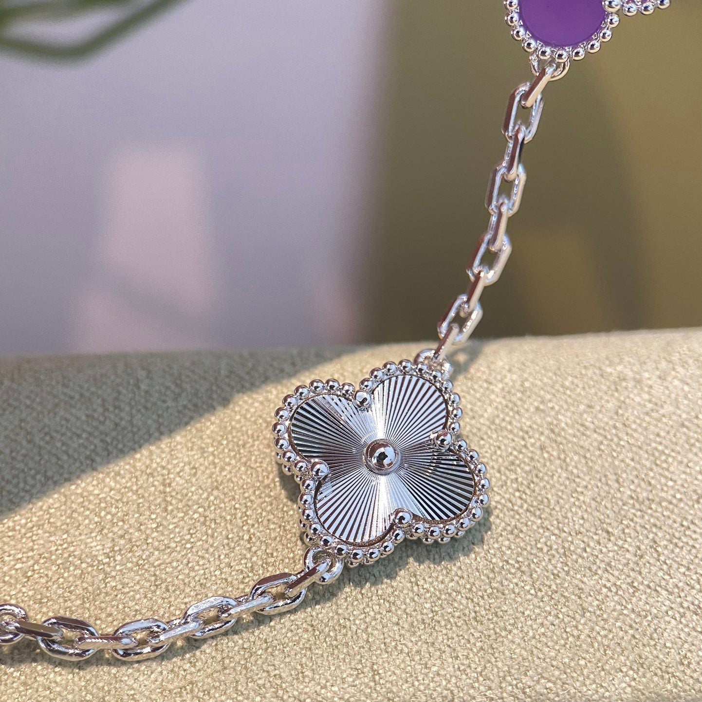 [NOBLE AURA]CLOVER  5 MOTIFS  PURPLE VIOLET BRACELET SILVER