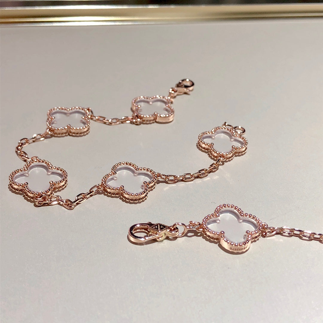 [NOBLE AURA]CLOVER 5 MOTIF ROCK CRYSTAL PINK GOLD BRACELET