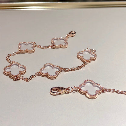 [NOBLE AURA]CLOVER 5 MOTIF ROCK CRYSTAL PINK GOLD BRACELET