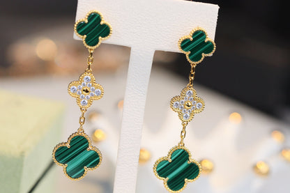 [NOBLE AURA]CLOVER EARRINGS GOLD MALACHITE DIAMOND 3 MOTIF