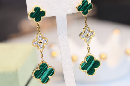 [NOBLE AURA]CLOVER EARRINGS GOLD MALACHITE DIAMOND 3 MOTIF