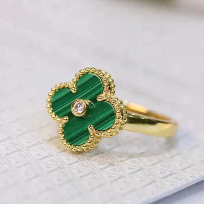 [NOBLE AURA]CLOVER MALACHITE RING GOLD DIAMOND