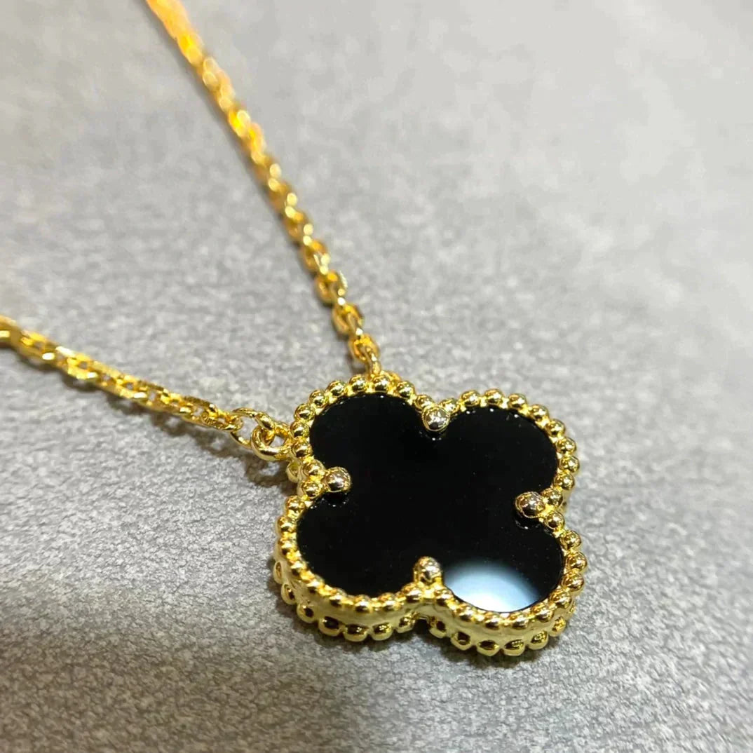 [NOBLE AURA]CLOVER 15MM BLACK ONYX SINGLE FLOWER NECKLACE