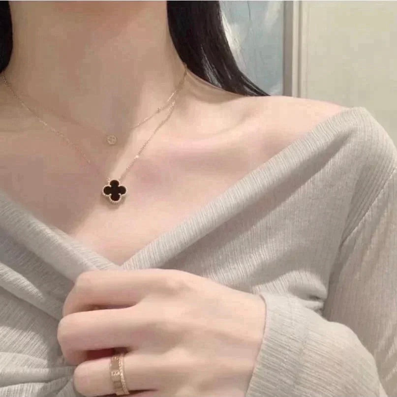 [NOBLE AURA]CLOVER 15MM BLACK ONYX SINGLE FLOWER NECKLACE