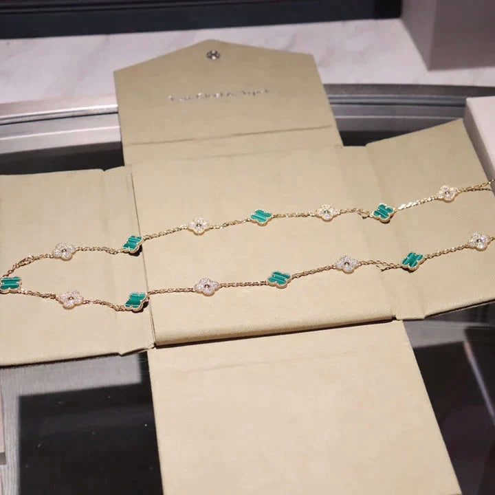 [NOBLE AURA]CLOVER 20 MOTIFS MALACHITE DIAMOND NECKLACE