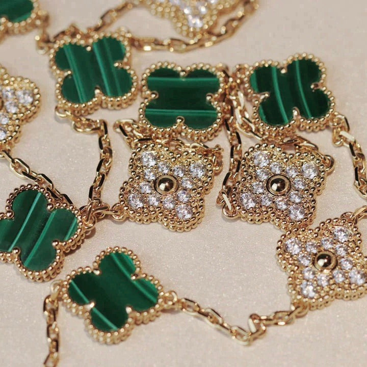 [NOBLE AURA]CLOVER 20 MOTIFS MALACHITE DIAMOND NECKLACE
