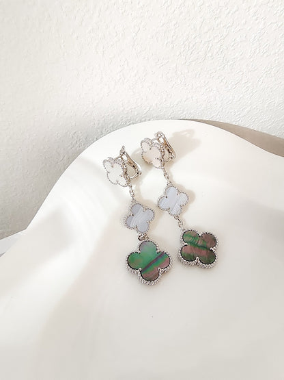 [NOBLE AURA]CLOVER 3 MOTIFS CHALCEDONY DARK MOP SILVER EARRINGS