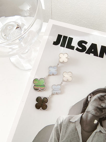 [NOBLE AURA]CLOVER 3 MOTIFS CHALCEDONY DARK MOP SILVER EARRINGS