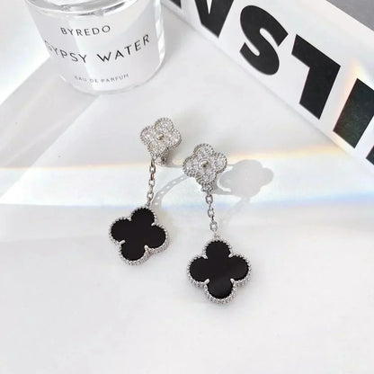 [NOBLE AURA]CLOVER 2 MOTIFS  DIAMOND ONYX EARRINGS SILVER