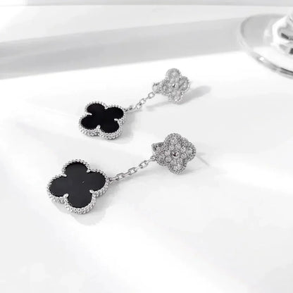 [NOBLE AURA]CLOVER 2 MOTIFS  DIAMOND ONYX EARRINGS SILVER