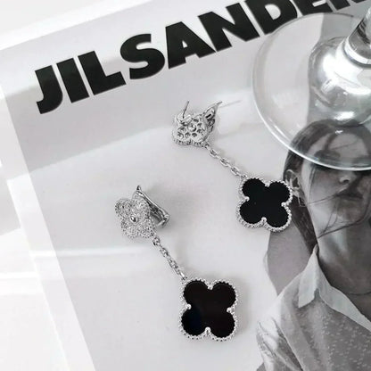 [NOBLE AURA]CLOVER 2 MOTIFS  DIAMOND ONYX EARRINGS SILVER