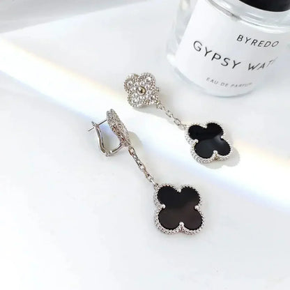 [NOBLE AURA]CLOVER 2 MOTIFS  DIAMOND ONYX EARRINGS SILVER