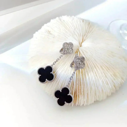 [NOBLE AURA]CLOVER 2 MOTIFS  DIAMOND ONYX EARRINGS SILVER