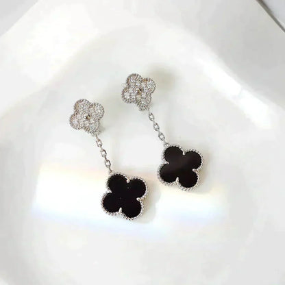 [NOBLE AURA]CLOVER 2 MOTIFS  DIAMOND ONYX EARRINGS SILVER