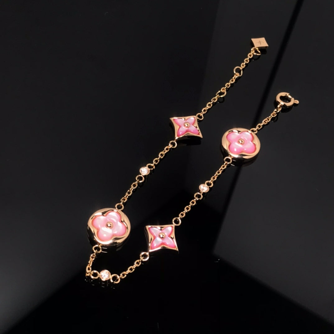 [NOBLE AURA]STAR AND SUN 4 MOTIF PINK MOP PINK GOLD BRACELET