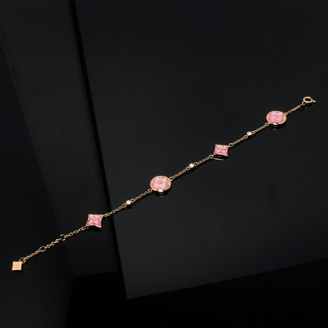 [NOBLE AURA]STAR AND SUN 4 MOTIF PINK MOP PINK GOLD BRACELET