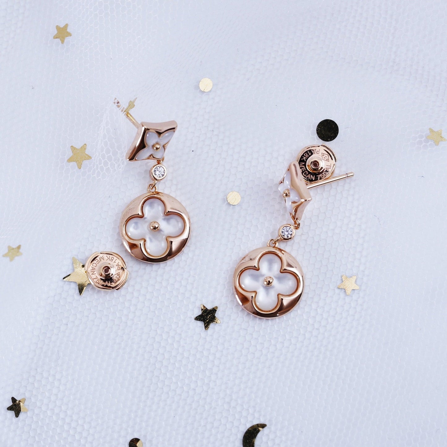 [NOBLE AURA]STAR AND SUN PINK GOLD MOP DROP EARRINGS