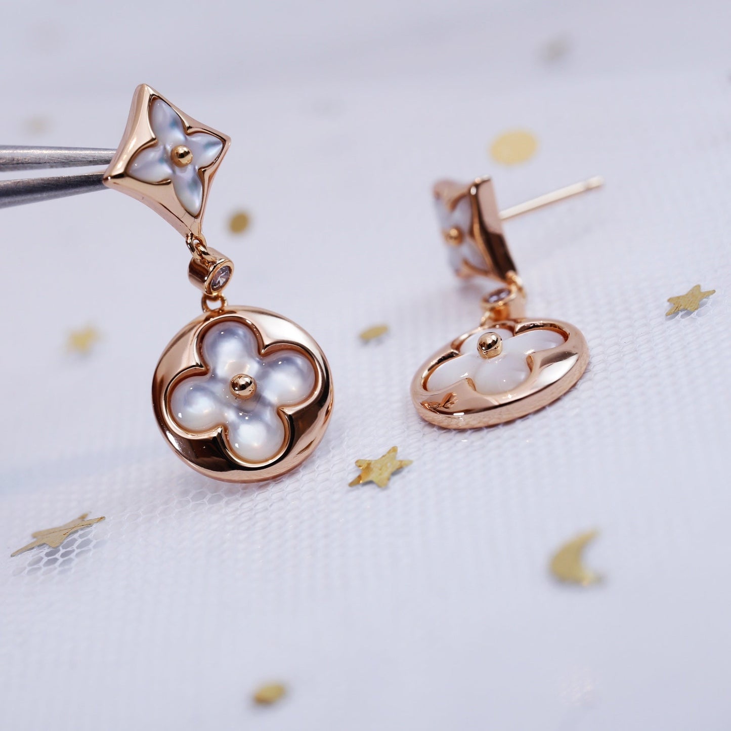 [NOBLE AURA]STAR AND SUN PINK GOLD MOP DROP EARRINGS