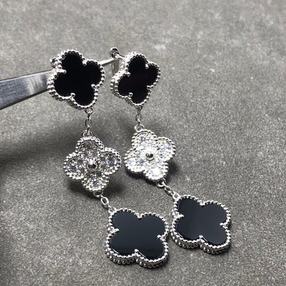 [NOBLE AURA]CLOVER 3 MOTIF DIAMOND ONYX SILVER EARRINGS