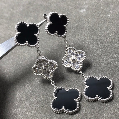 [NOBLE AURA]CLOVER 3 MOTIF DIAMOND ONYX SILVER EARRINGS