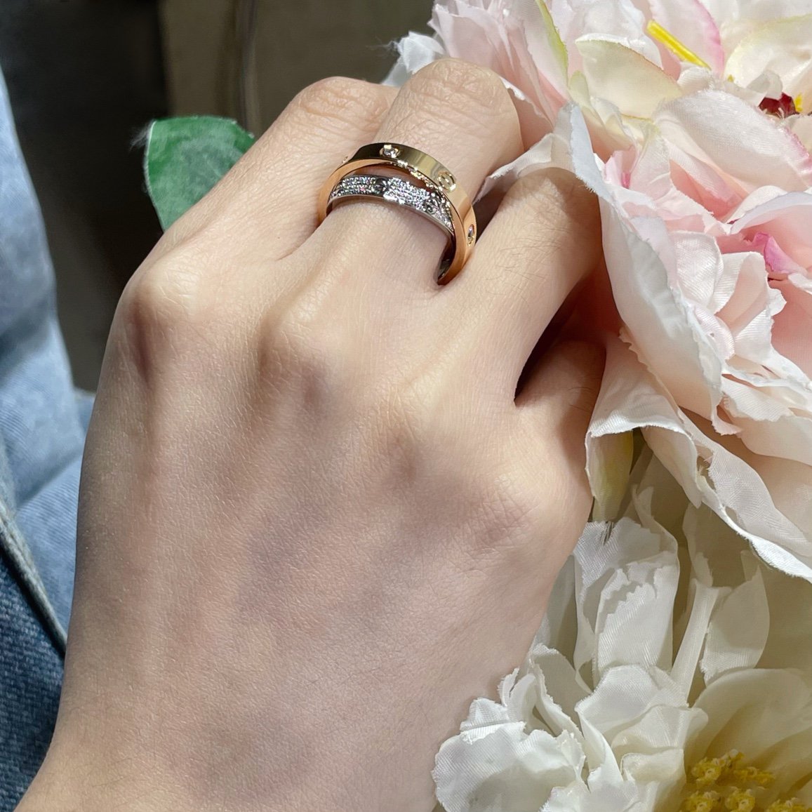 [NOBLE AURA] LOVE PINK GOLD SILVER DIAMOND DOUBLE RING