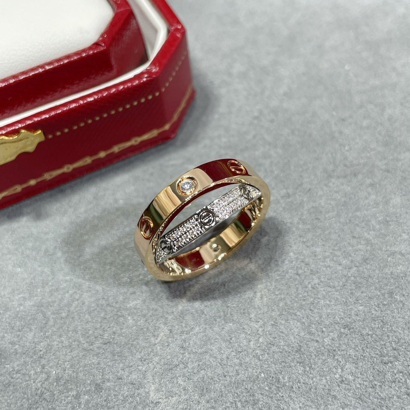 [NOBLE AURA] LOVE PINK GOLD SILVER DIAMOND DOUBLE RING