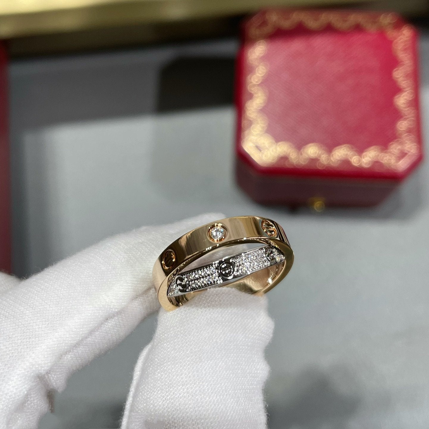 [NOBLE AURA] LOVE PINK GOLD SILVER DIAMOND DOUBLE RING