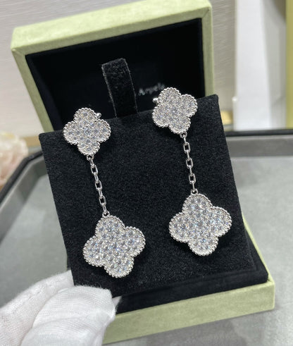 [NOBLE AURA]CLOVER 2 MOTIFS DIAMOND PAVED SILVER EARRINGS