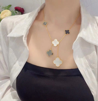 [NOBLE AURA]CLOVER 6 MOTIF MOP ONYX GOLD NECKLACE