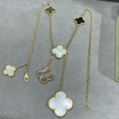 [NOBLE AURA]CLOVER 6 MOTIF MOP ONYX GOLD NECKLACE