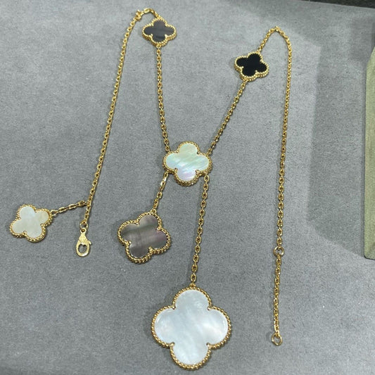 [NOBLE AURA]CLOVER 6 MOTIF MOP ONYX GOLD NECKLACE