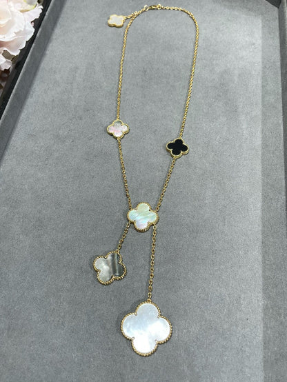 [NOBLE AURA]CLOVER 6 MOTIF MOP ONYX GOLD NECKLACE