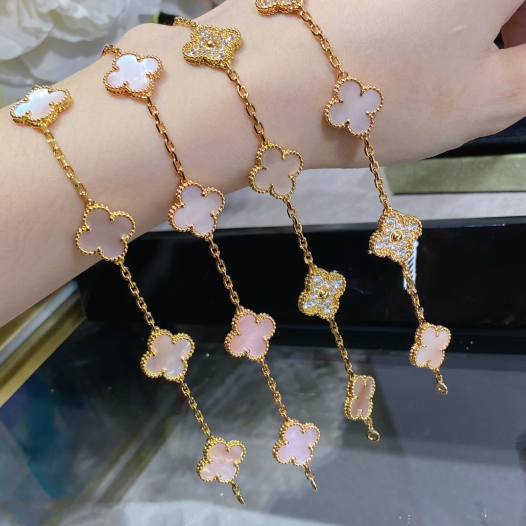 [NOBLE AURA]CLOVER 5 MOTIF DIAMOND PINK MOP PINK GOLD BRACELET