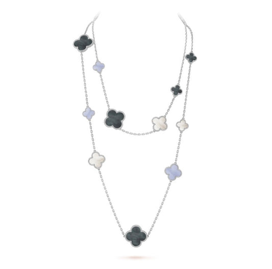[NOBLE AURA]CLOVER 16 MOTIF CHALCEDONY MOP SILVER NECKLACE