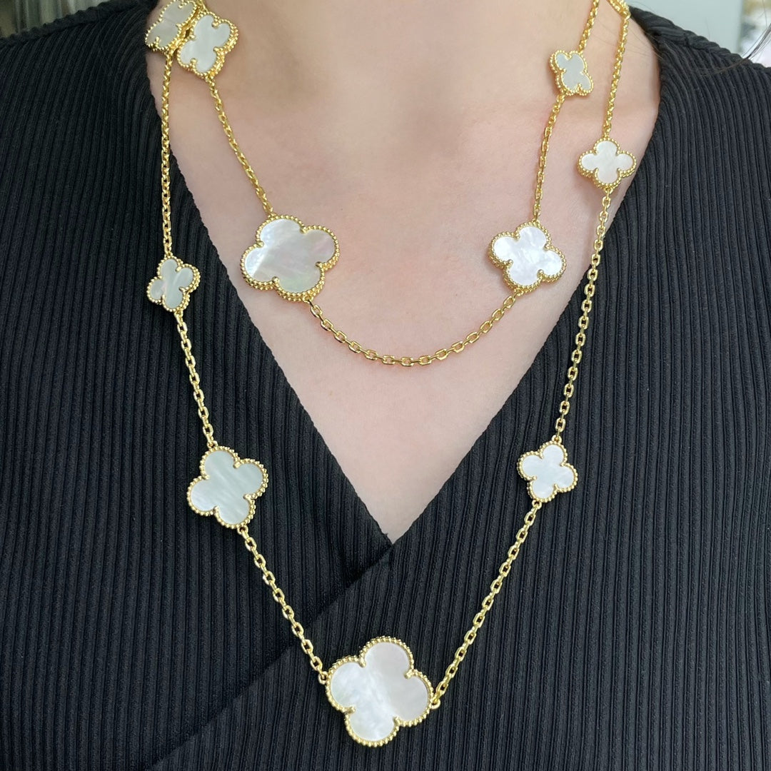 [NOBLE AURA]CLOVER 16 MOTIF WHITE MOP GOLD NECKLACE