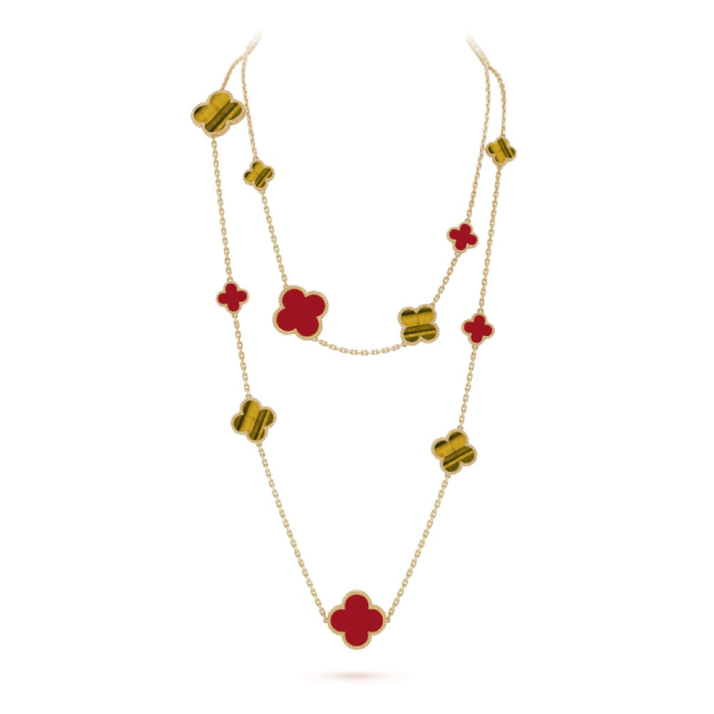 [NOBLE AURA]CLOVER 16 MOTIF CARNELIAN TIGER EYE ROSE GOLD NECKLACE