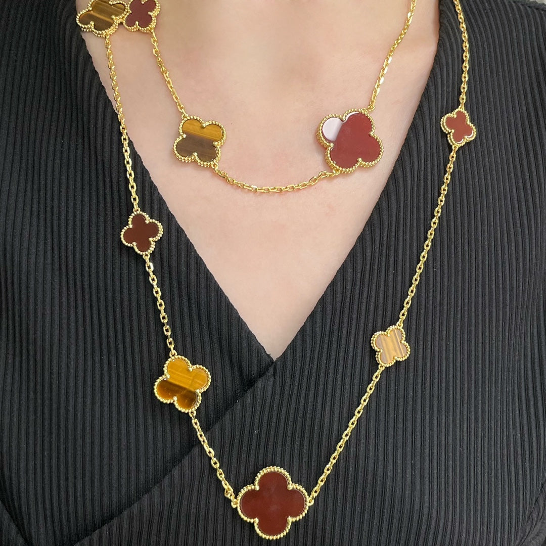 [NOBLE AURA]CLOVER 16 MOTIF CARNELIAN TIGER EYE ROSE GOLD NECKLACE