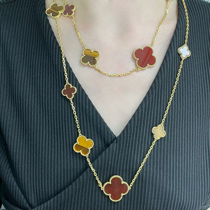 [NOBLE AURA]CLOVER 16 MOTIF CARNELIAN TIGER EYE ROSE GOLD NECKLACE