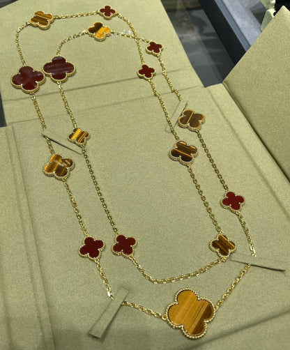 [NOBLE AURA]CLOVER 16 MOTIF CARNELIAN TIGER EYE ROSE GOLD NECKLACE