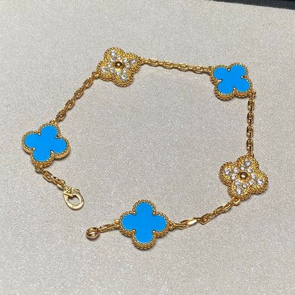 [NOBLE AURA]CLOVER 5 MOTIF BLUE CHALCEDONY DIAMOND GOLD BRACELET