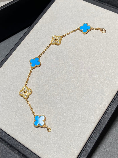 [NOBLE AURA]CLOVER 5 MOTIF BLUE CHALCEDONY DIAMOND GOLD BRACELET