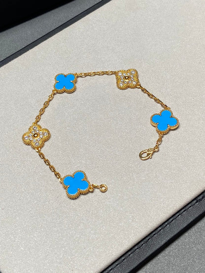 [NOBLE AURA]CLOVER 5 MOTIF BLUE CHALCEDONY DIAMOND GOLD BRACELET
