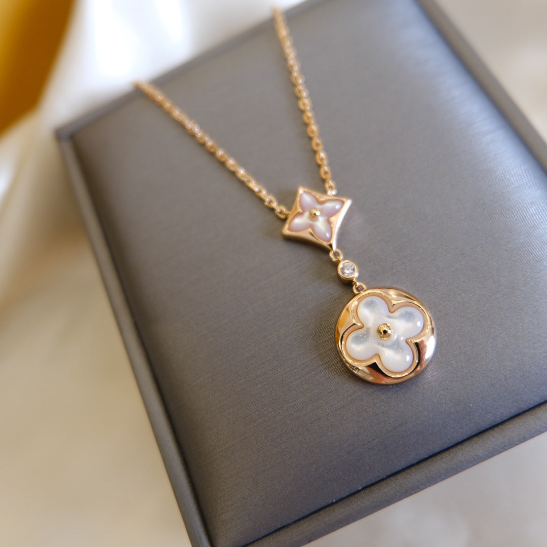 [NOBLE AURA]STAR AND SUN WHITE MOP 2 MOTIF PINK GOLD NECKLACE