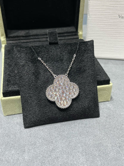 [NOBLE AURA]CLOVER 25MM LARGE PENDANT DIAMOND PAVED SILVER NECKLACE