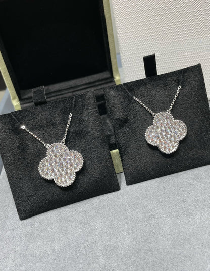 [NOBLE AURA]CLOVER 25MM LARGE PENDANT DIAMOND PAVED SILVER NECKLACE